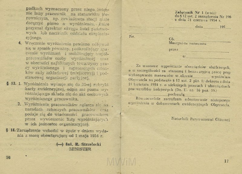 KKE 5517-10.jpg - Dok. „Zarządzenie Ministra Kolei” Nr. 198 z dnia 21 VI 1954 r. o wyróżnianiu pracowników i Regulamin obowiązków pracowników Kolejowych oraz zasad i trybu postępowania dyscyplinarnego, Kraków, 1954 r.